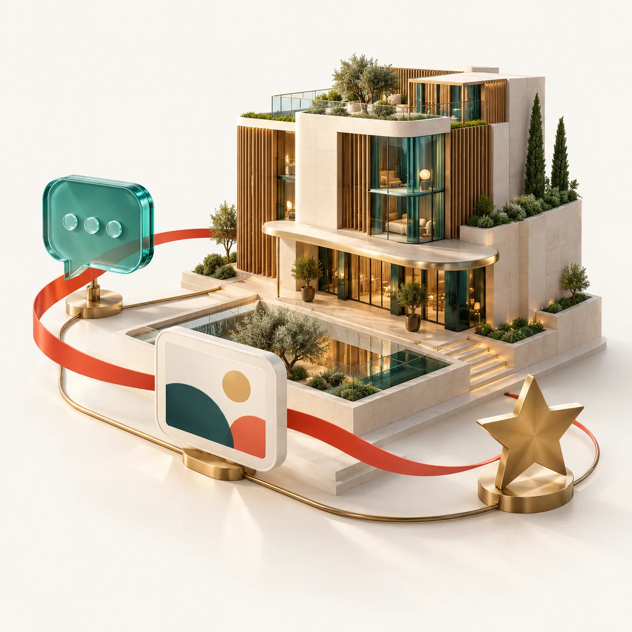 Concept illustration of a hotel connected to guest conversations, a website and reputation tools